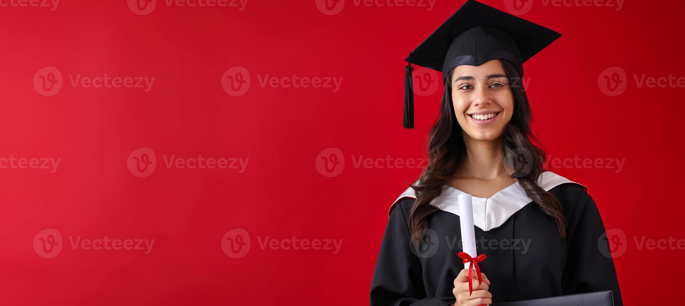 AI generated Joyful woman graduate with diploma on red studio background    ideal for advertising with copy space photo