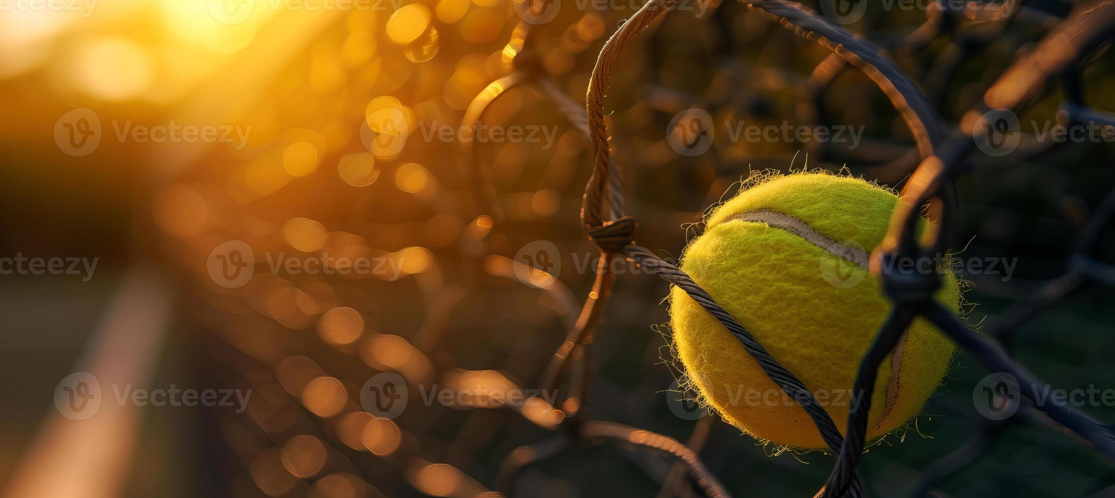 AI generated Yellow tennis ball flying into net on dark background with copy space for text placement photo