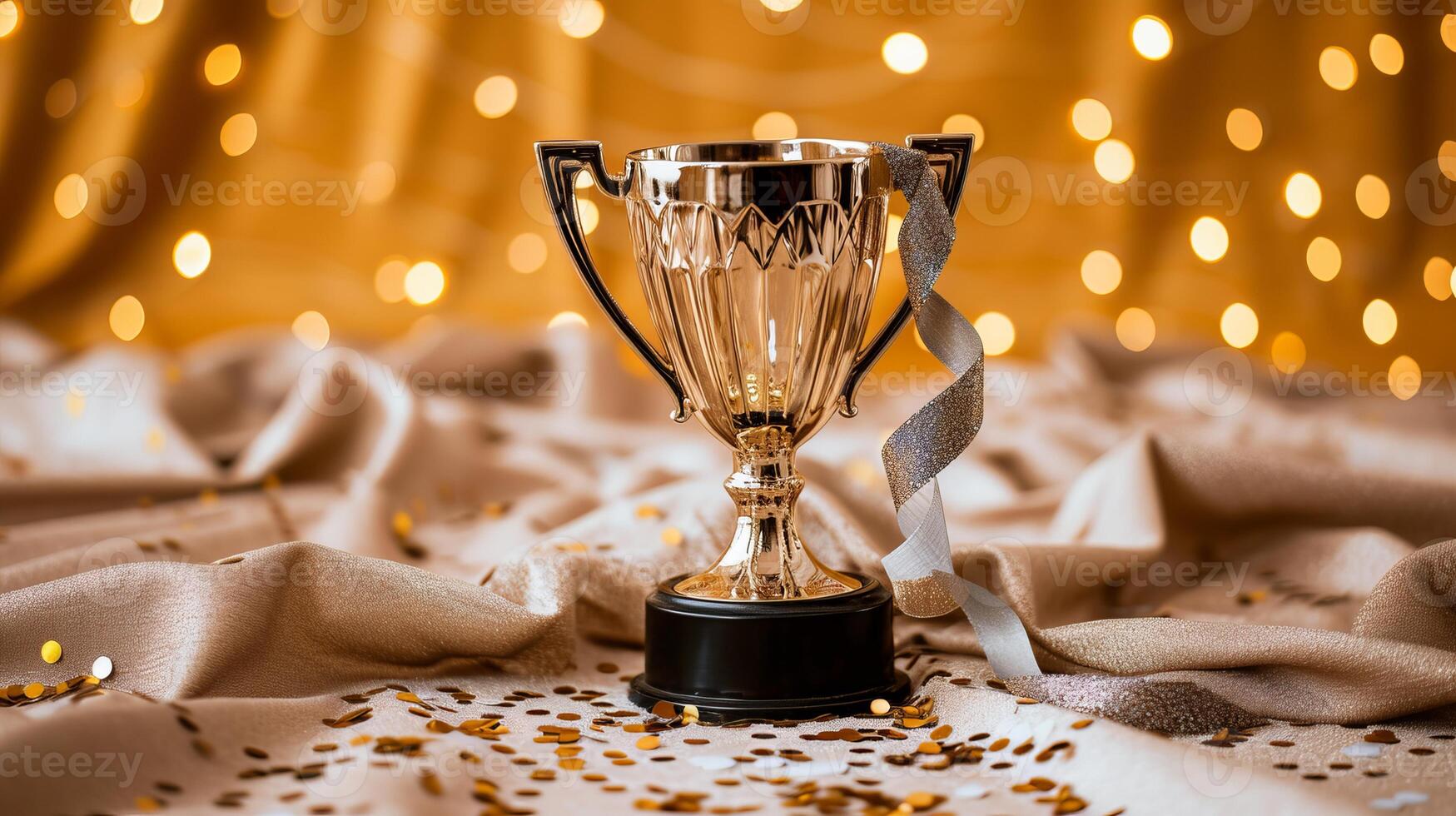 AI generated Golden championship cup with magical defocused background and celebration confetti photo