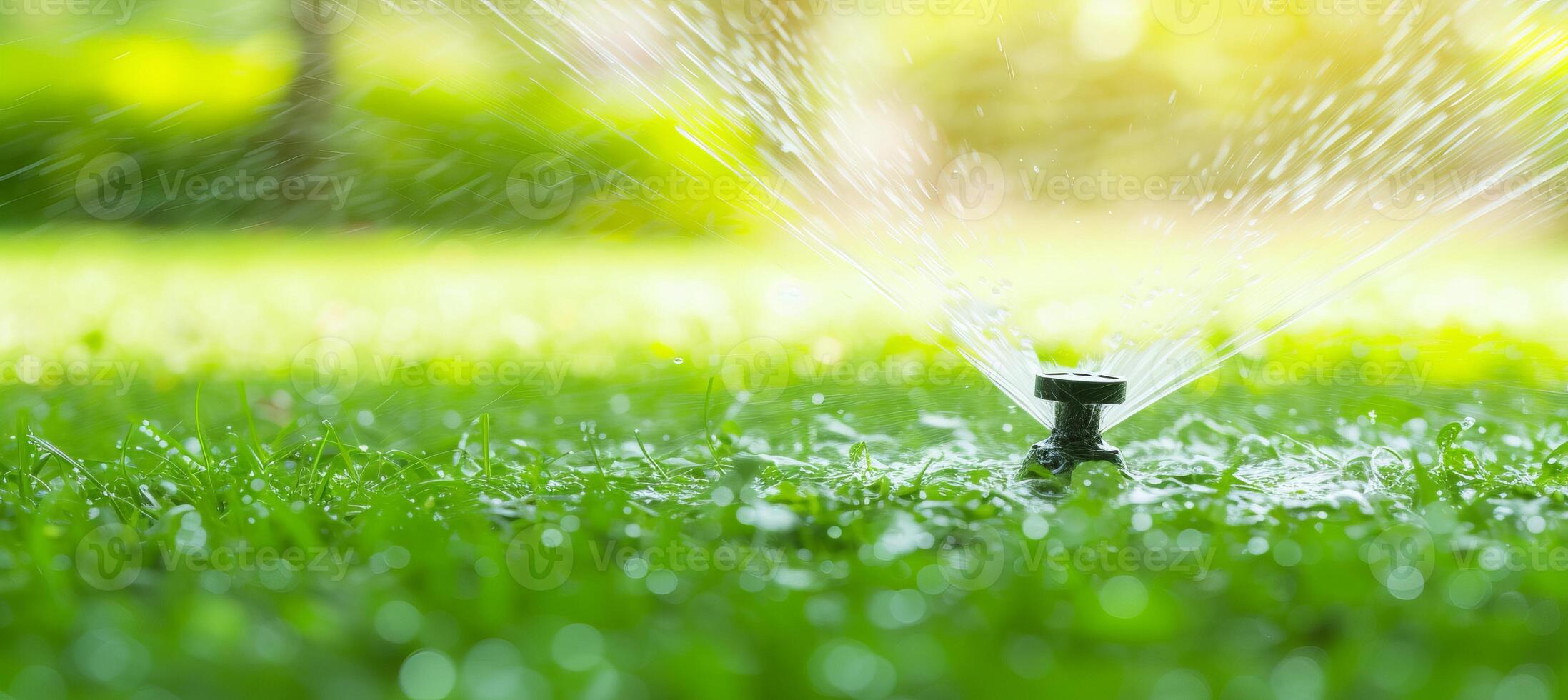 AI generated Automatic sprinkler system watering lush green lawn with copy space in garden landscape photo