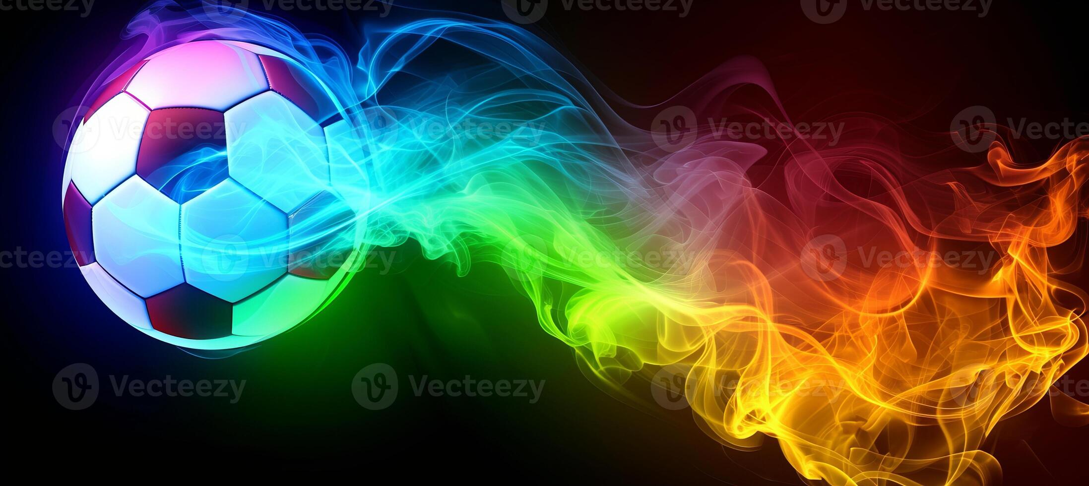 AI generated Vibrant smoke surrounds soccer ball against black backdrop, allowing for text placement. photo