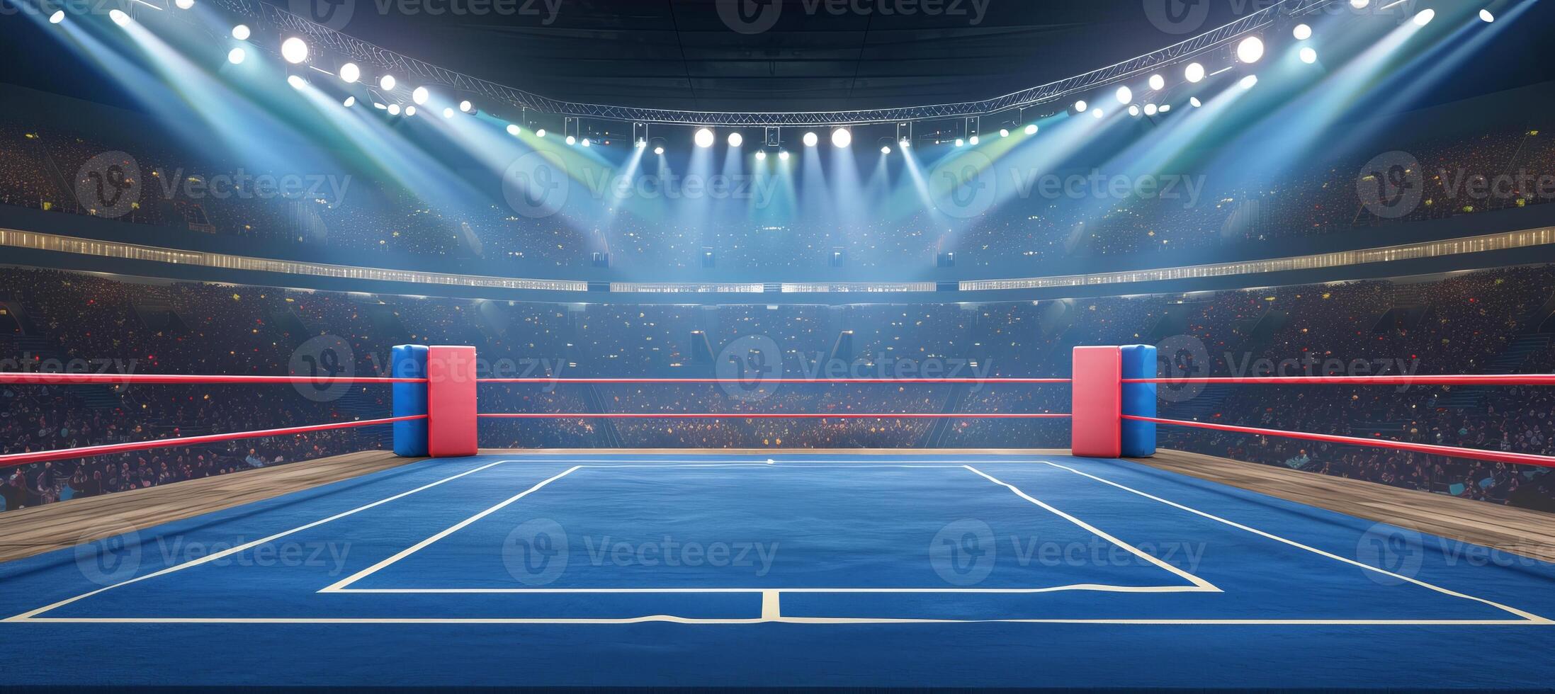 AI generated Empty boxing ring in arena, combat sports concept, copy space available, no audience photo