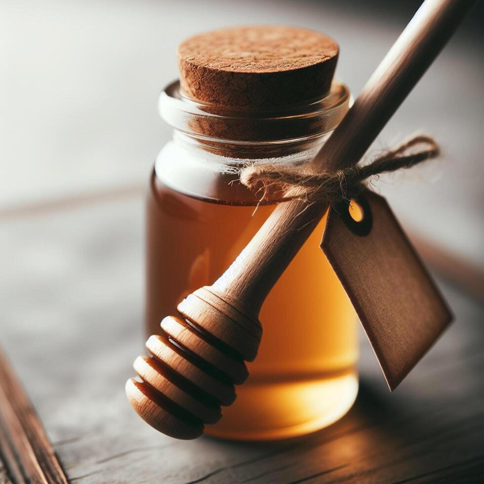 AI generated Honey dripping from honey dipper in wooden bowl. Close-up. Healthy organic Thick honey dipping from the wooden honey spoon, closeup photo