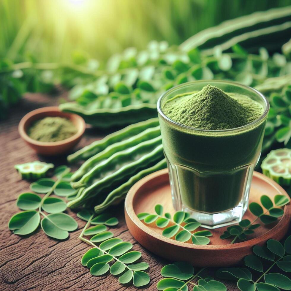 AI generated Moringa powder in wooden bowl with fresh Moringa and dried leaves on wooden background photo