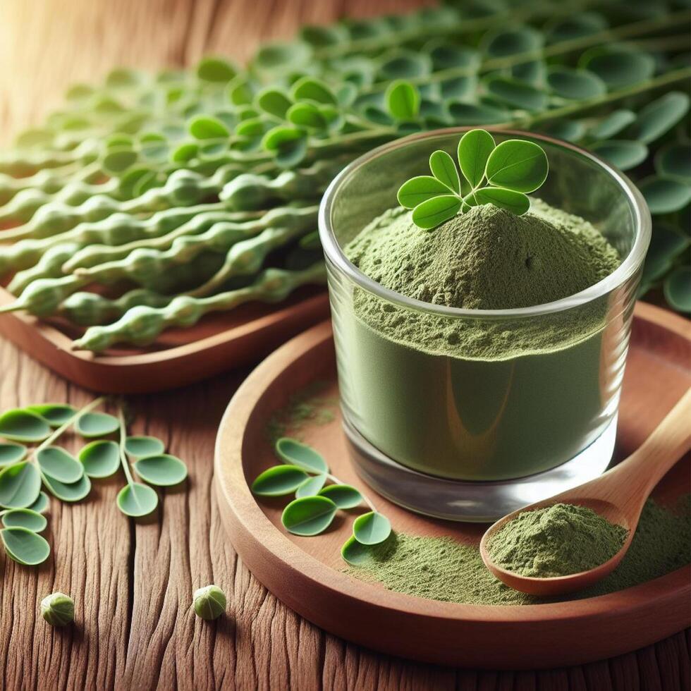 AI generated Moringa powder in wooden bowl with fresh Moringa and dried leaves on wooden background photo