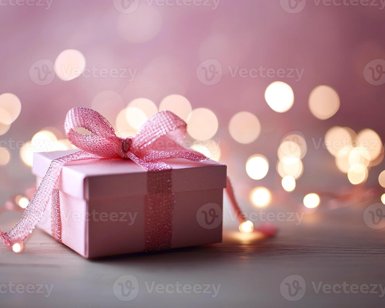 AI generated Gift box with pink ribbon and bokeh lights in the background photo