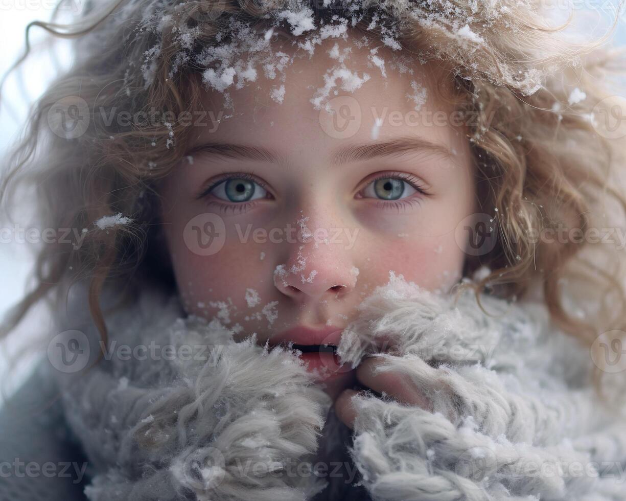 AI generated Portrait of a beautiful little girl with blond curly hair in the winter park photo