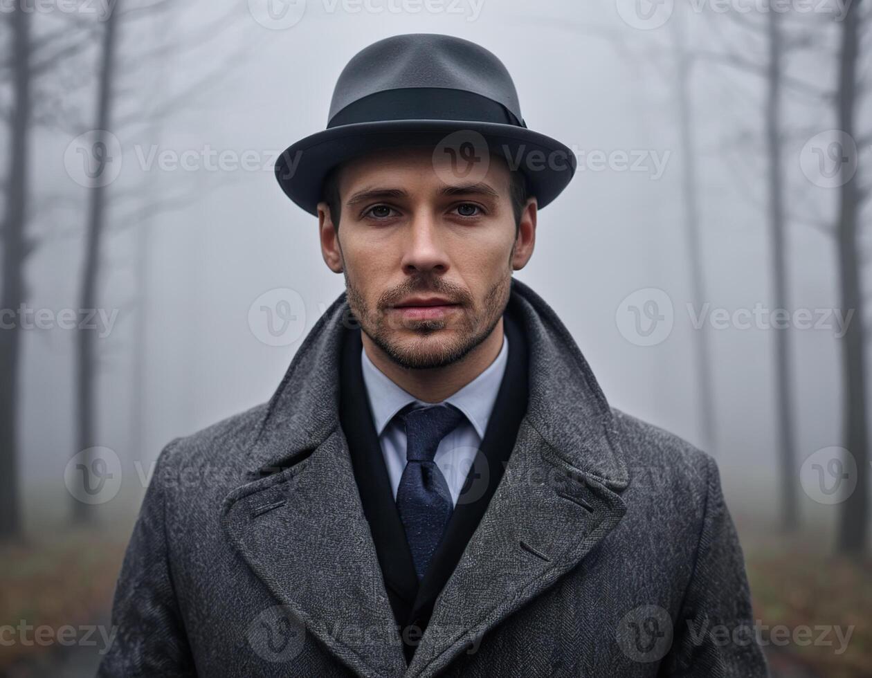 AI generated a man in a hat and coat standing in the fog photo