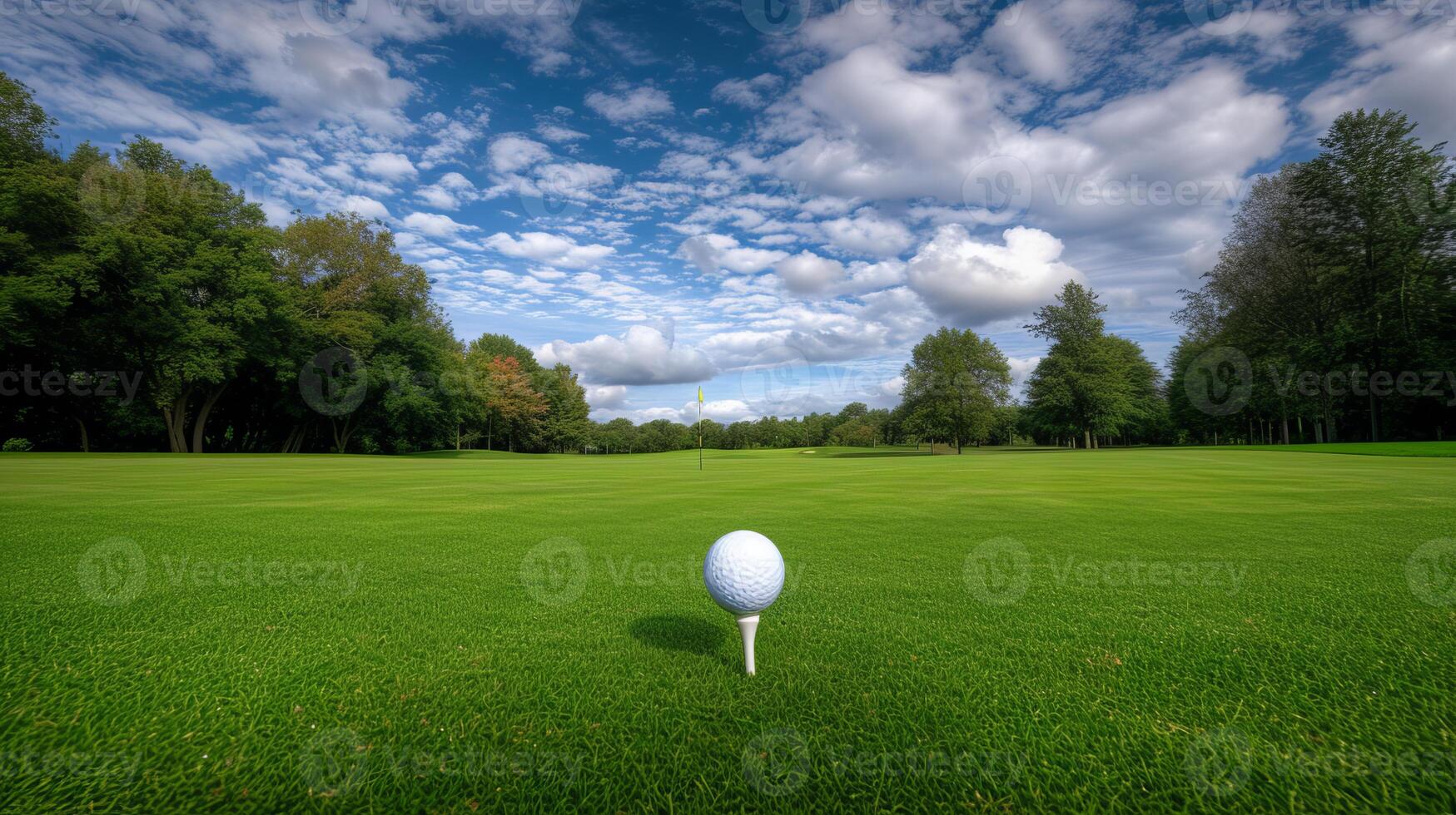 AI generated Placing golf ball on tee at picturesque golf course with panoramic view and copy space photo