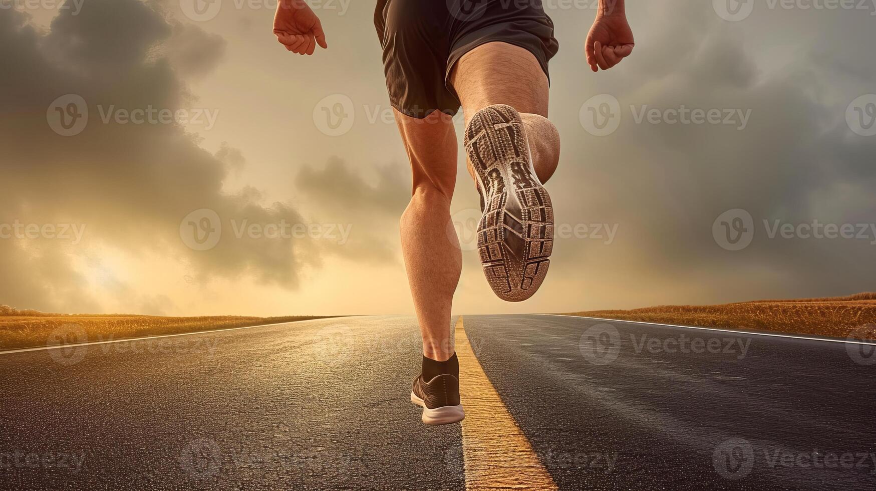 AI generated Runner s legs on desert road at sunset   fitness and adventure concept with copy space photo