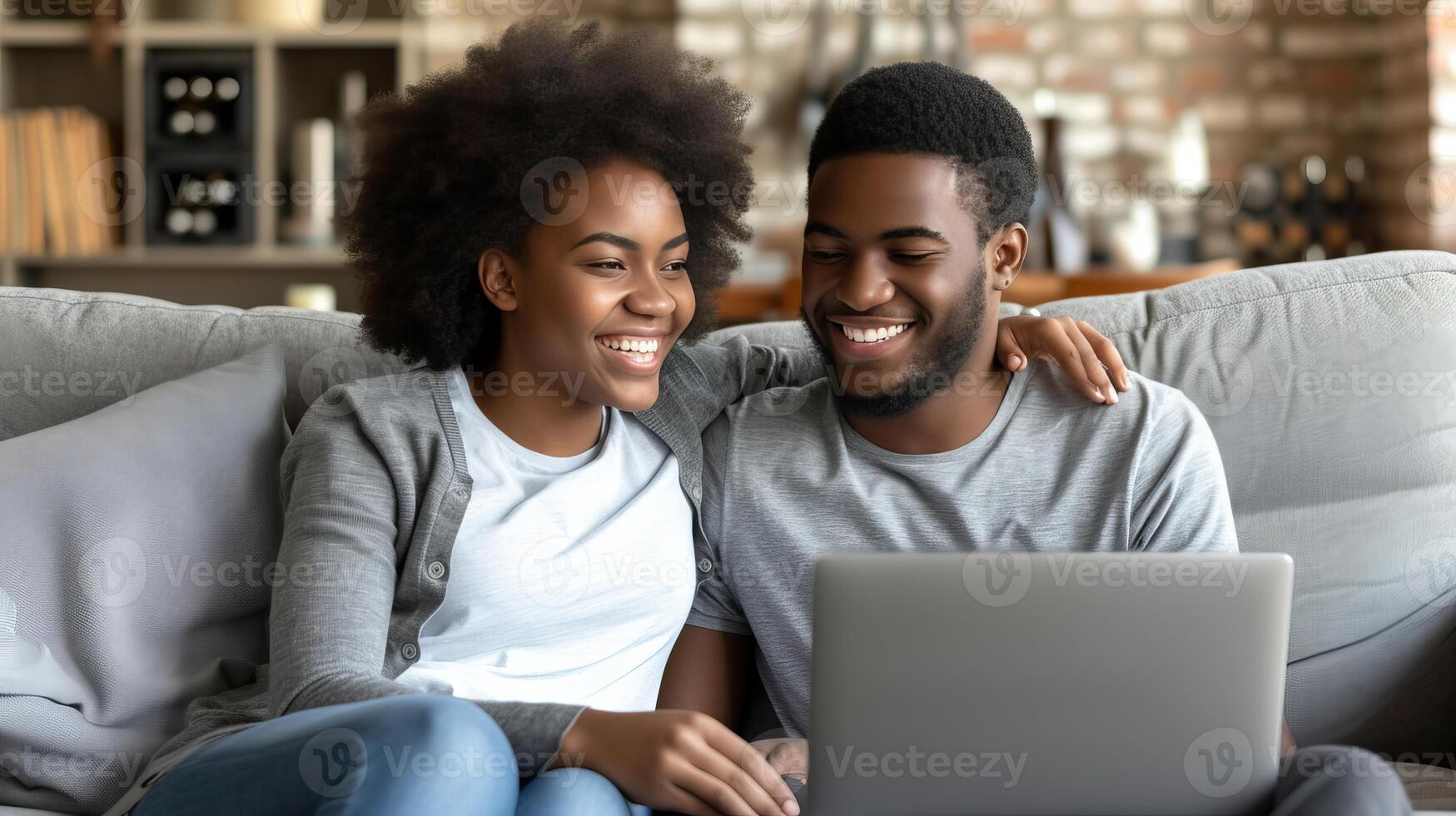 AI generated Multiracial young couple bonding, enjoying cozy time watching laptop on sofa at home photo