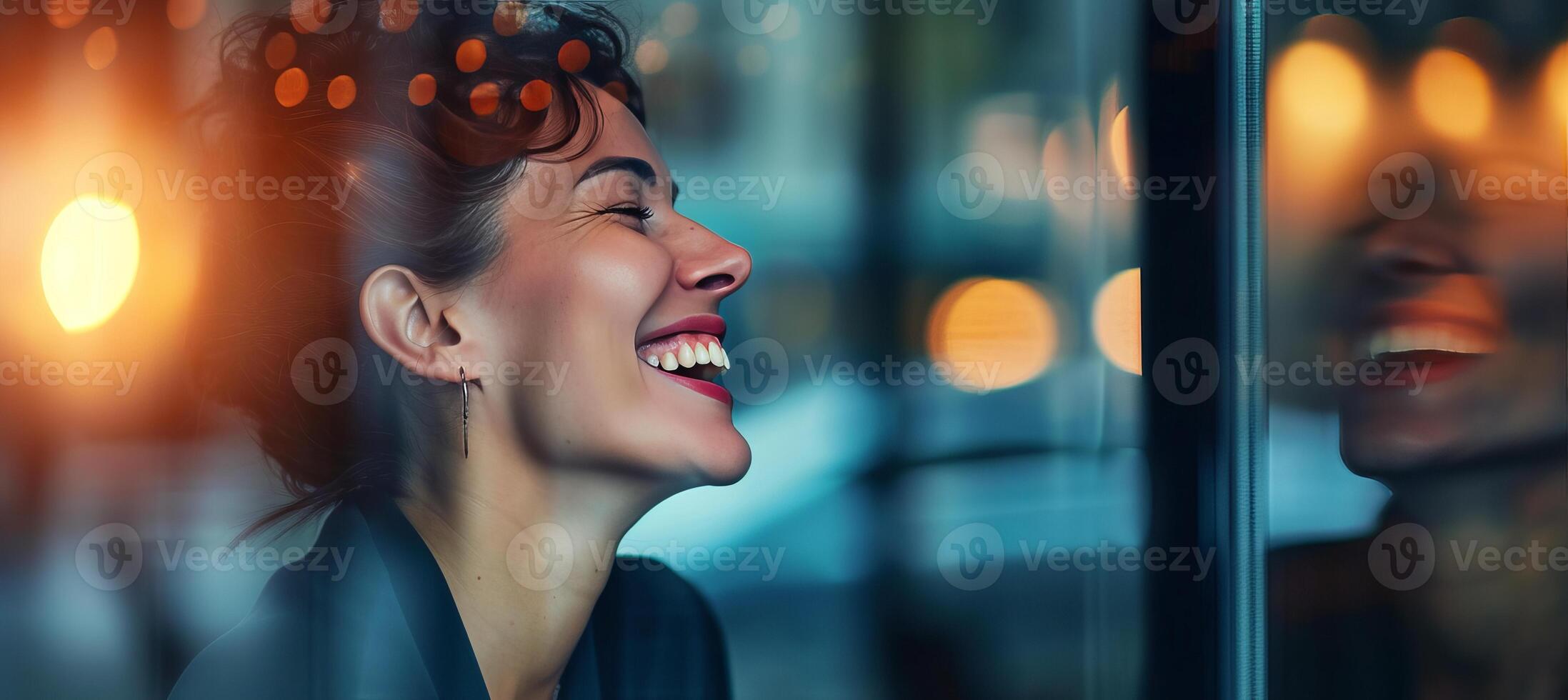 AI generated Smiling businesswoman in modern office meeting with copy space on blurred glass walls background photo