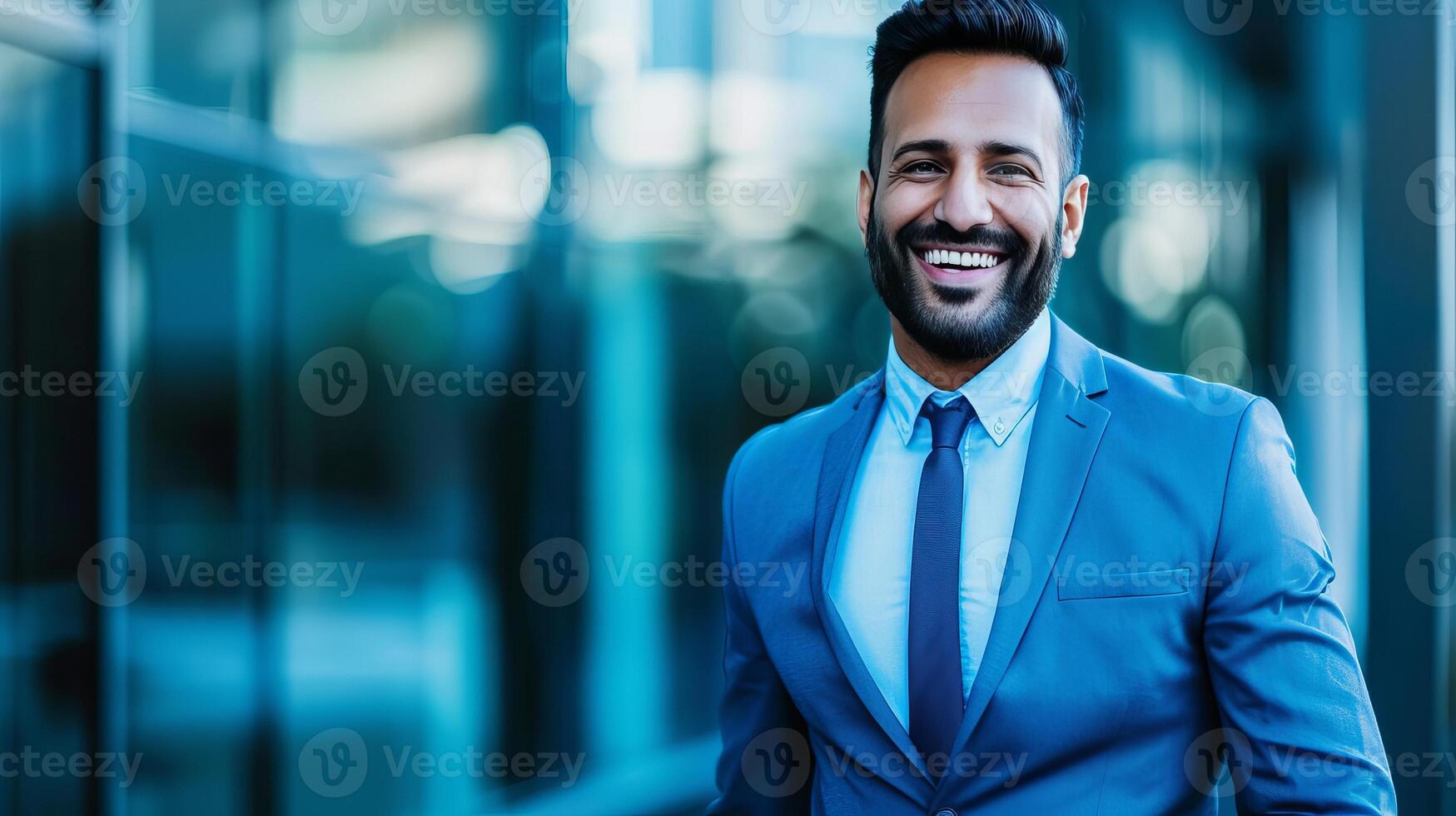 AI generated Confident and stylish young businessman walking in the vibrant city center with a genuine smile photo