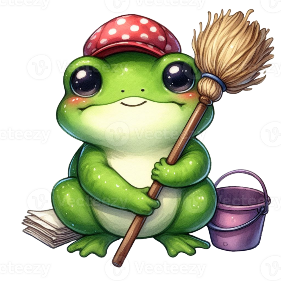 AI generated cartoon frog cleaning the floor with a broom and mop png