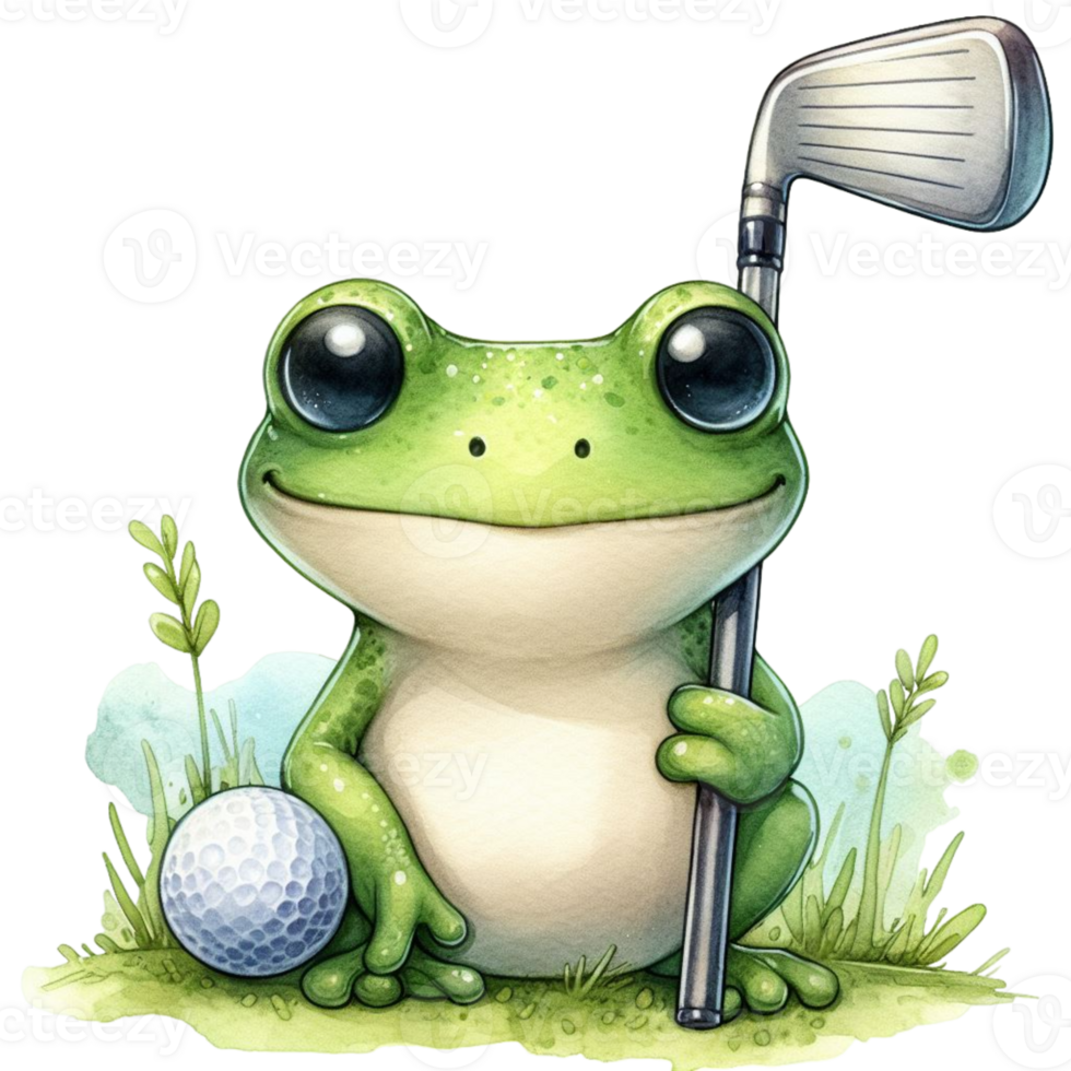 ai generiert Karikatur Golf Frosch mit Ball und Verein auf transparent Hintergrund png