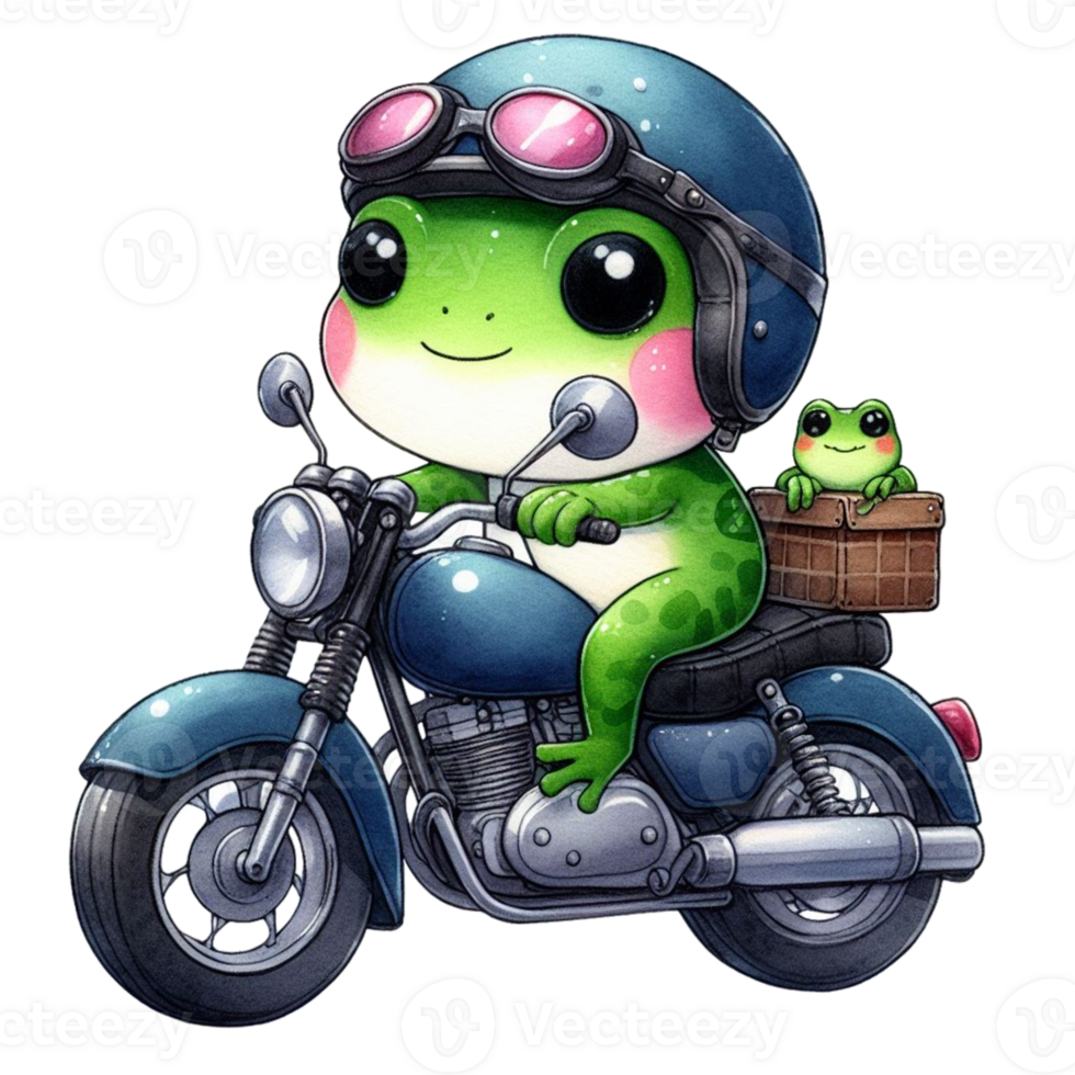 AI generated cartoon frog riding a motorcycle with a frog on the back png