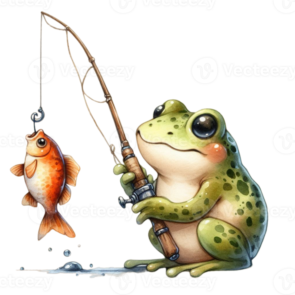 ai generiert Frosch mit Hut und Angeln Stange png