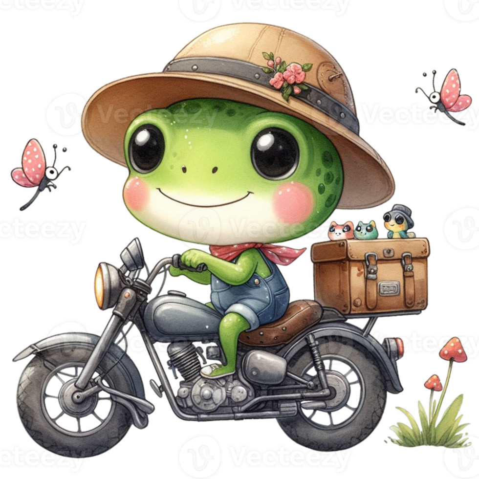 AI generated cartoon frog riding a motorcycle with a frog on the back png