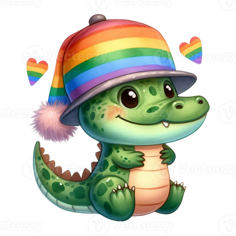 AI generated a cartoon alligator wearing a rainbow hat png