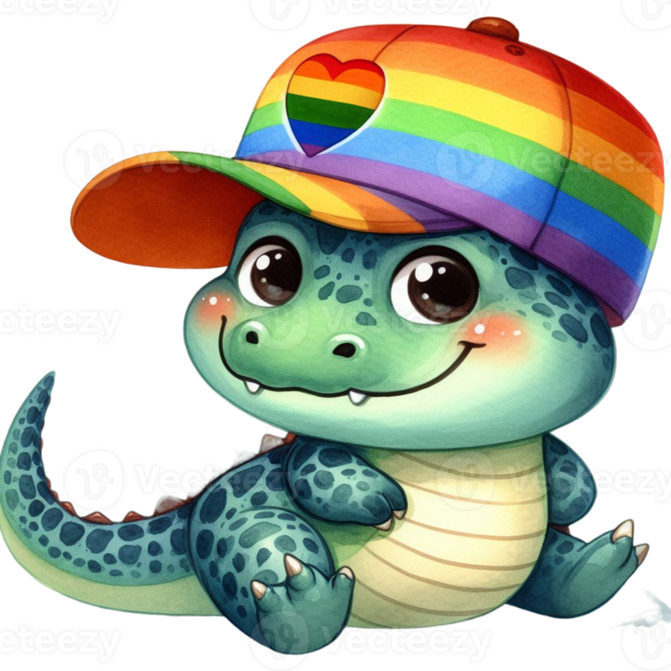 AI generated a cartoon alligator wearing a rainbow hat png