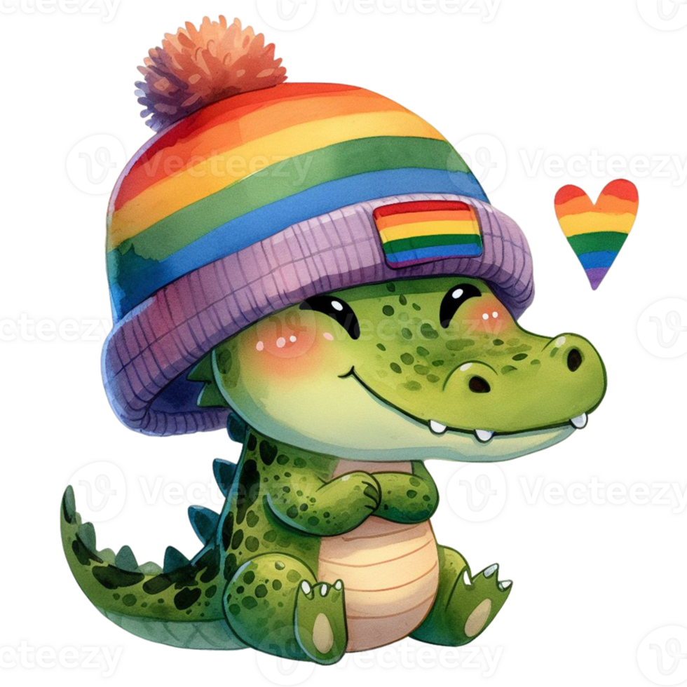 AI generated a cartoon alligator wearing a rainbow hat png