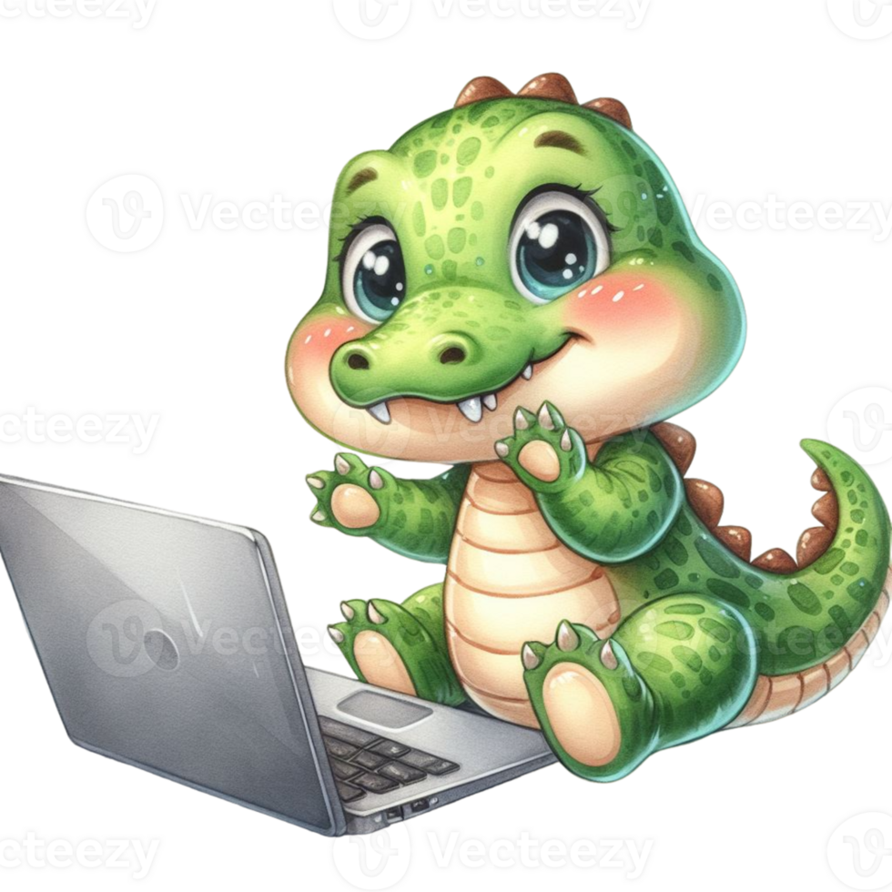AI generated cute cartoon alligator using laptop png