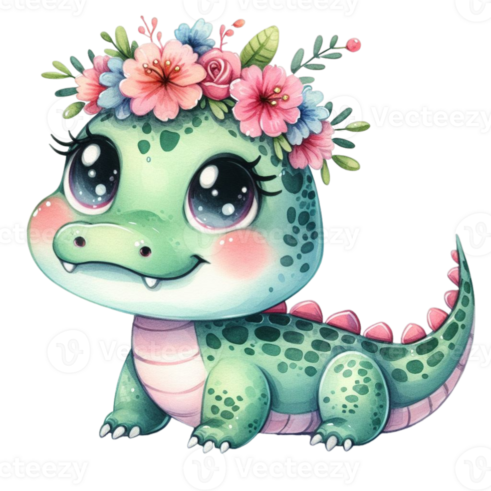 AI generated cute cartoon alligator with flowers on its head png