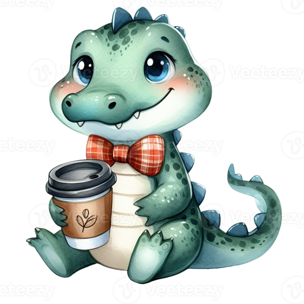 AI generated cute cartoon crocodile drinking coffee and eating a sandwich png