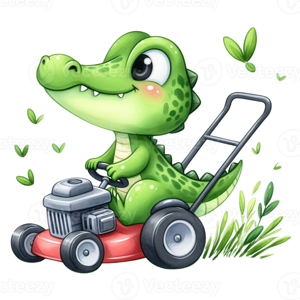 AI generated cute cartoon alligator riding a lawn mower png