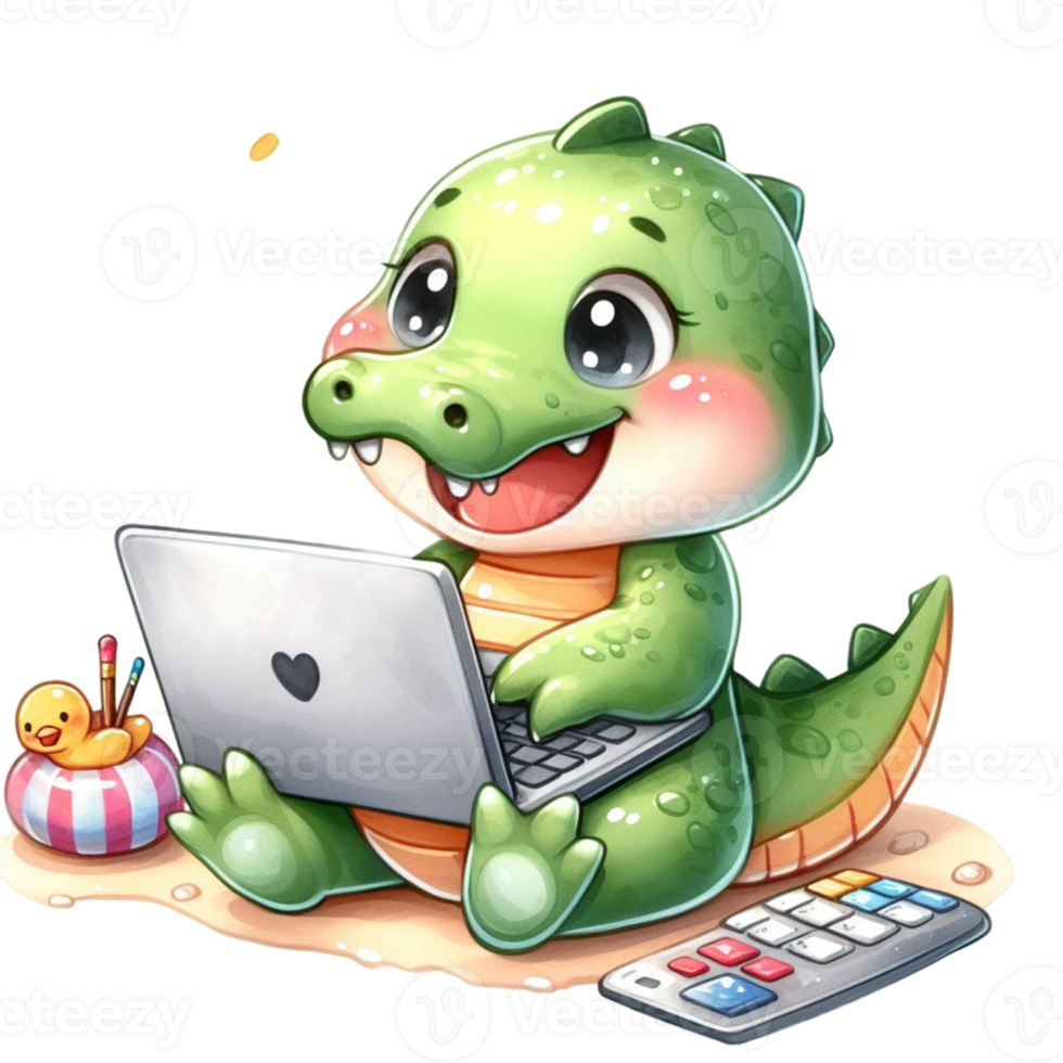 AI generated cute cartoon alligator using laptop png