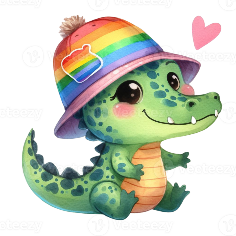 AI generated a cartoon alligator wearing a rainbow hat png