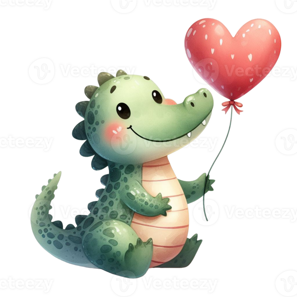 AI generated cute cartoon alligator holding a heart balloon png