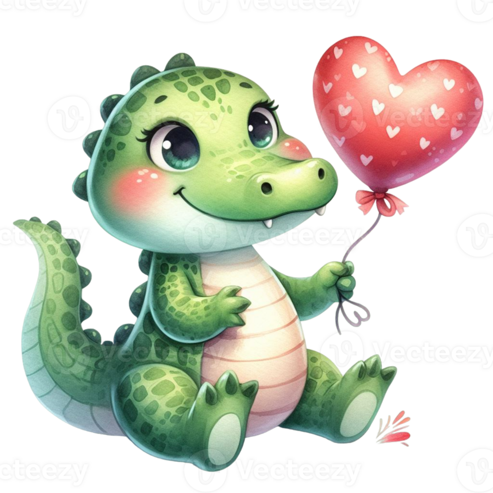 AI generated cute cartoon alligator holding a heart balloon png