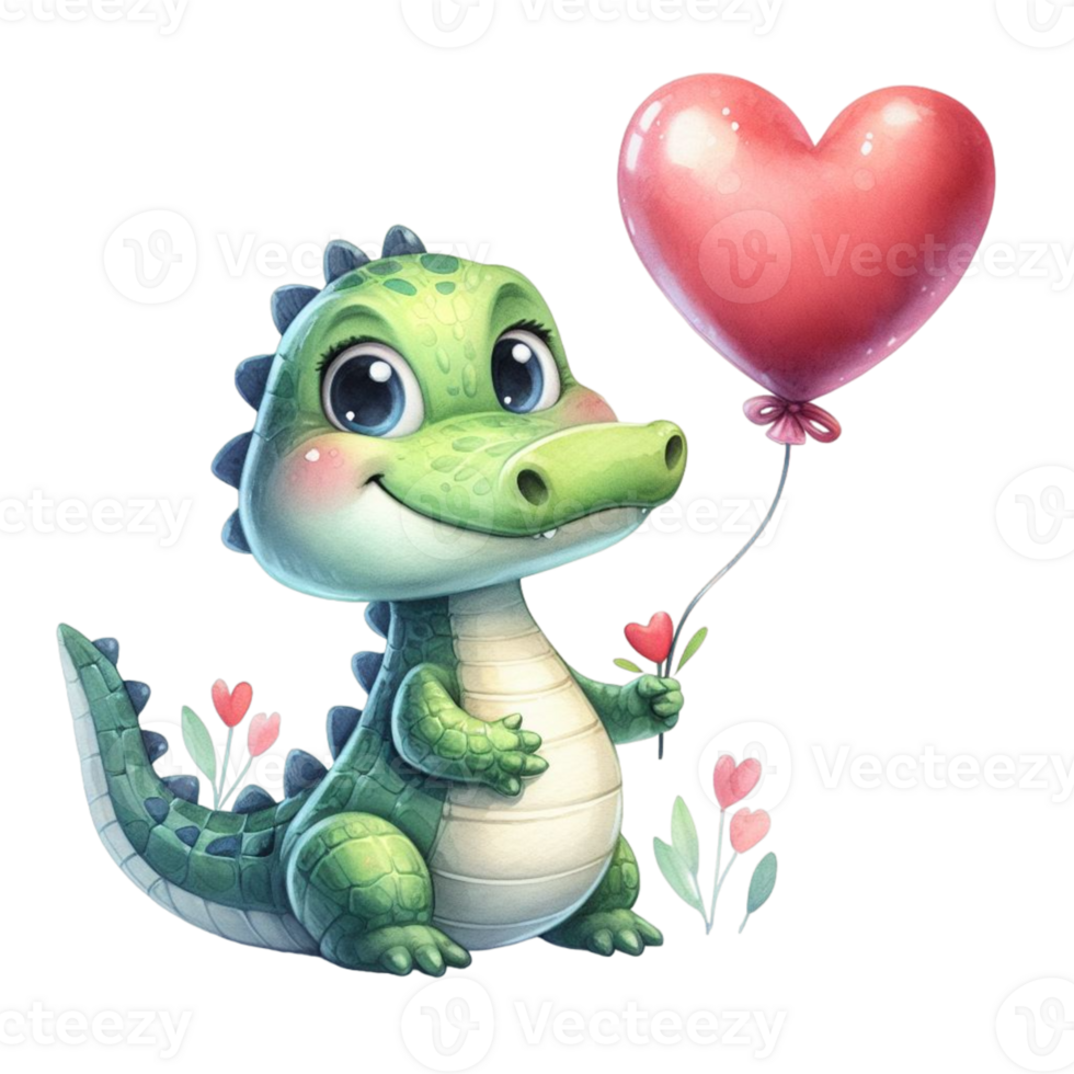 AI generated cute cartoon alligator holding a heart balloon png