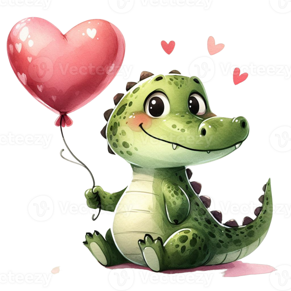 AI generated cute cartoon alligator holding a heart balloon png