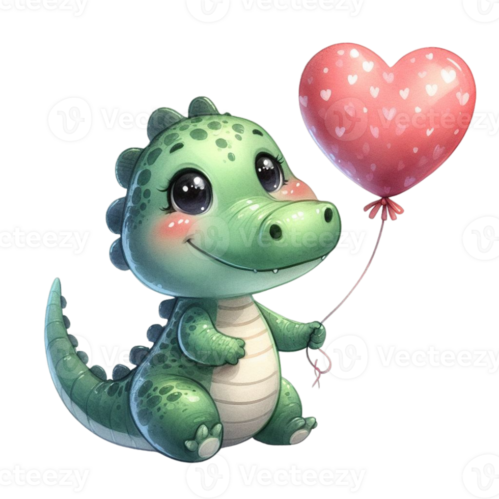 AI generated cute cartoon alligator holding a heart balloon 37824655 PNG