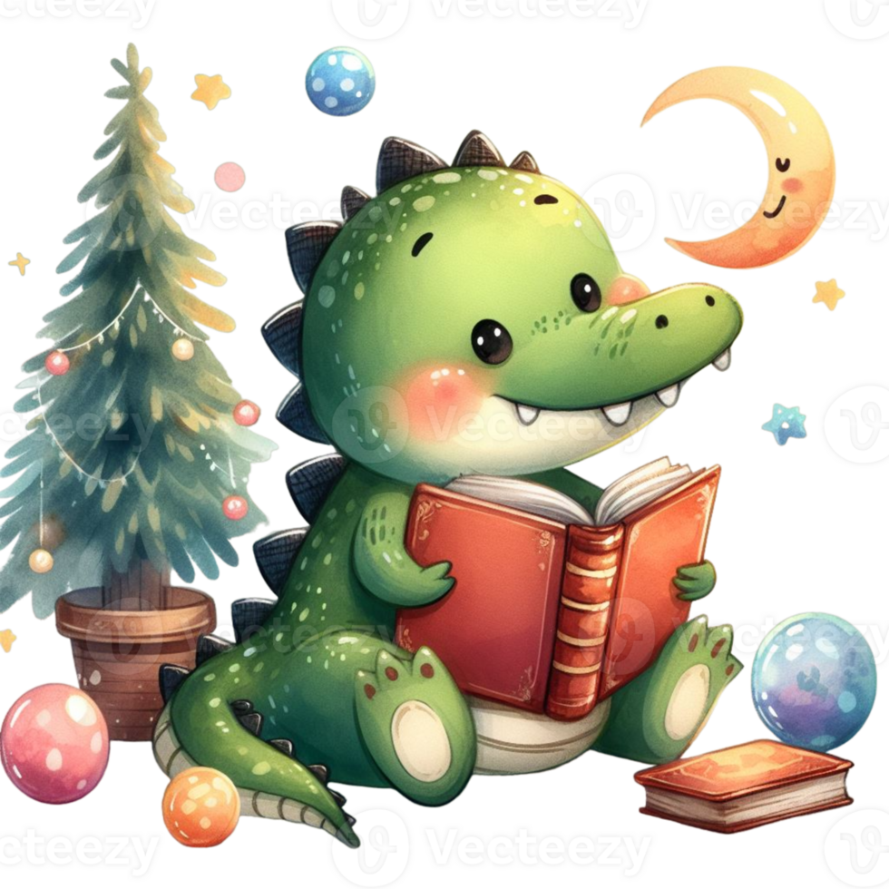 AI generated cute cartoon crocodile reading book, illustration, png