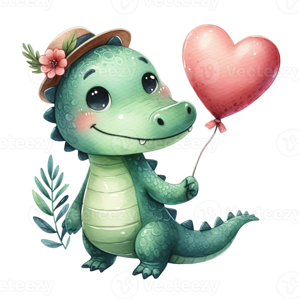 AI generated cute cartoon alligator holding a heart balloon png