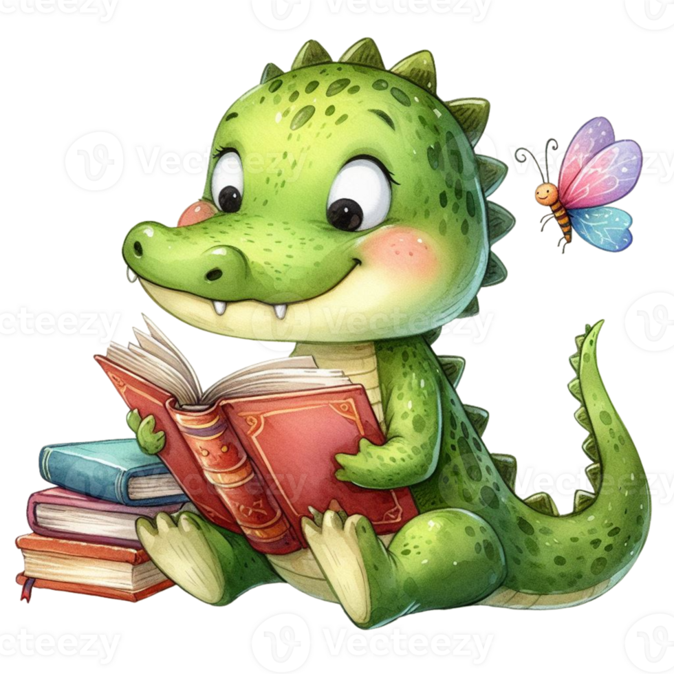 AI generated cute cartoon crocodile reading book, illustration, png