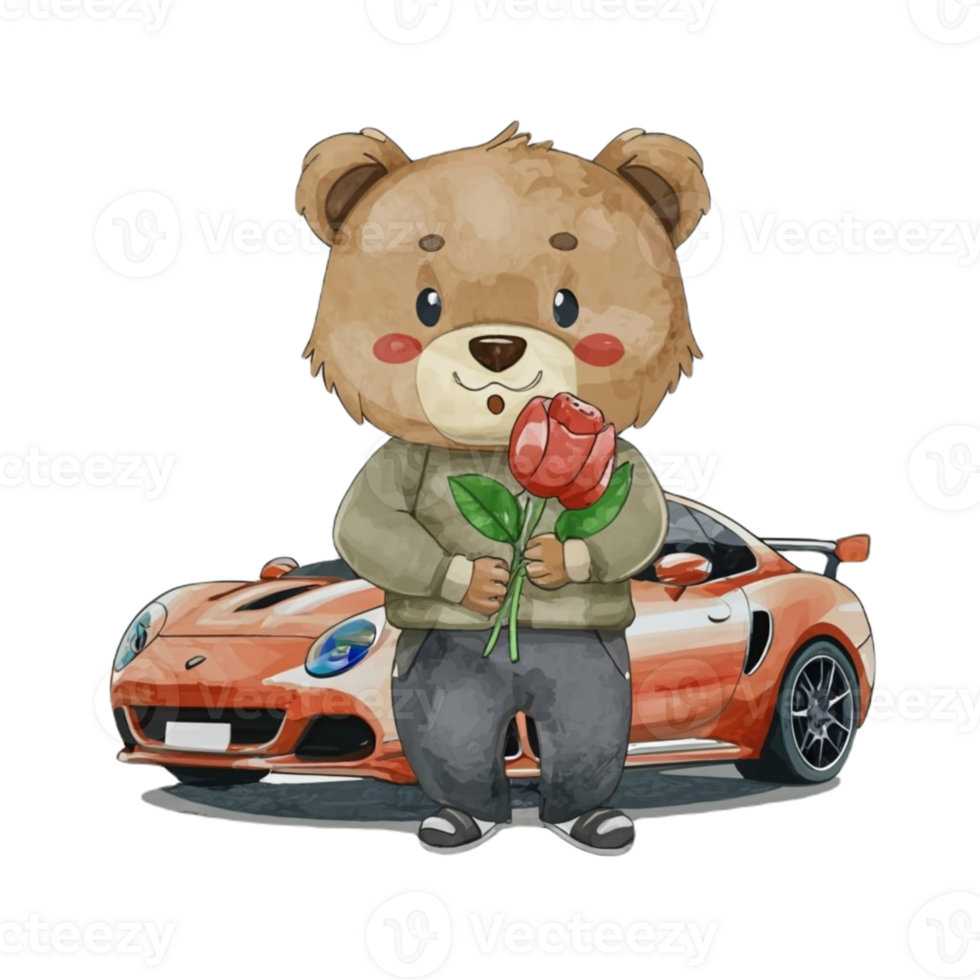 AI generated a cartoon bear holding a rose and standing next to a car png