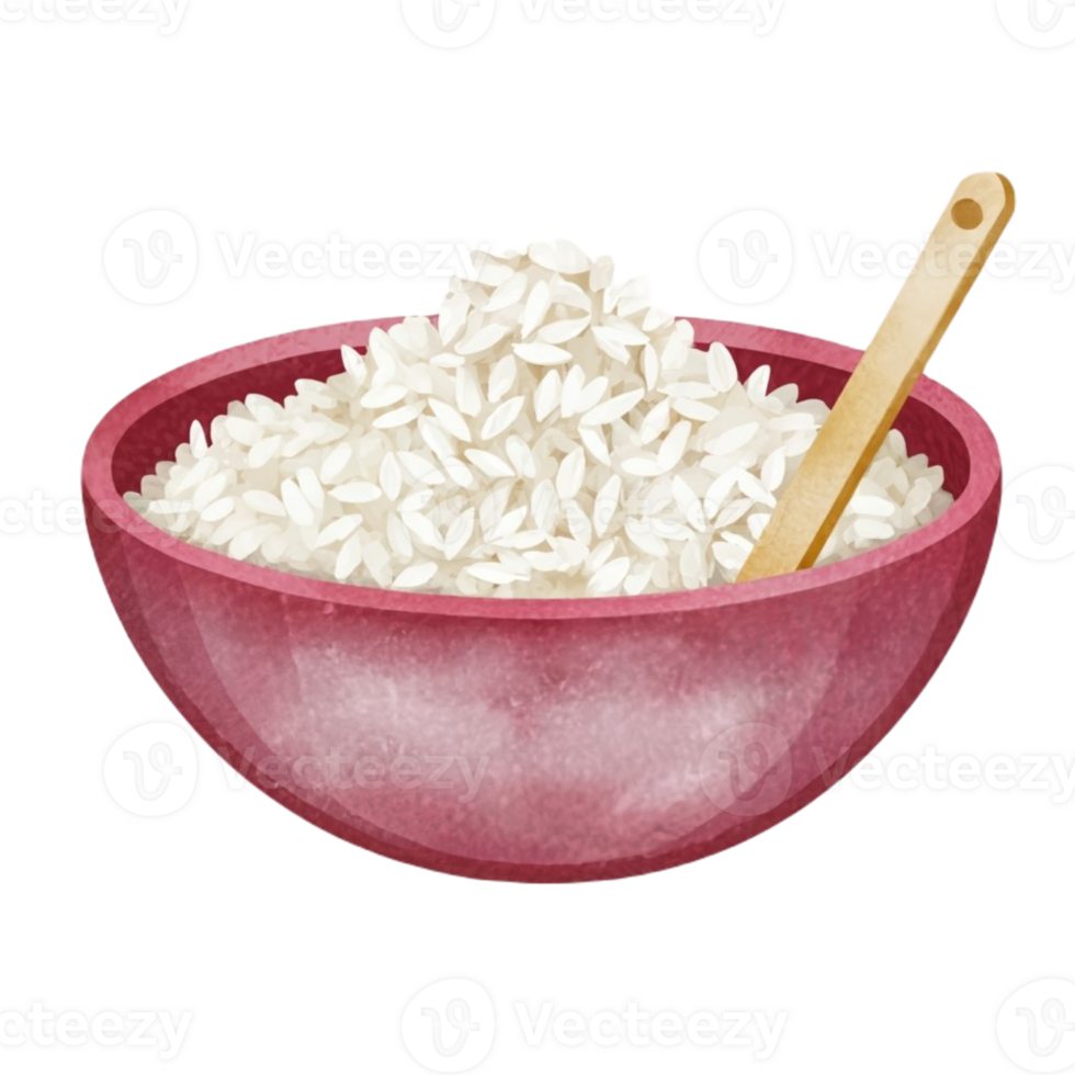 AI generated rice in bowl with wooden spoon on transparent background png