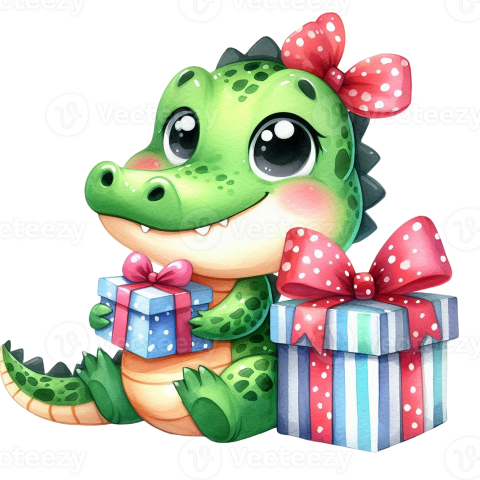AI generated cute cartoon baby alligator with gift box on transparent background png
