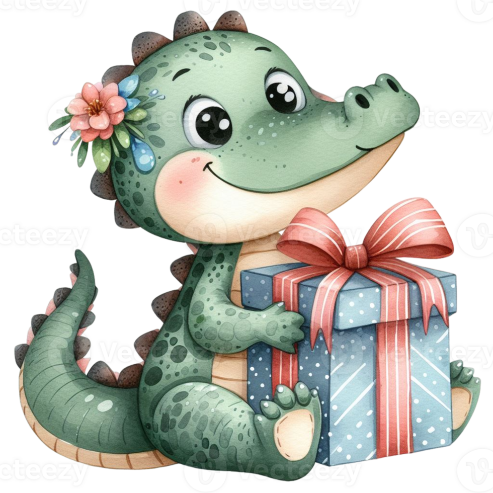 AI generated cute cartoon baby alligator with gift box on transparent background png