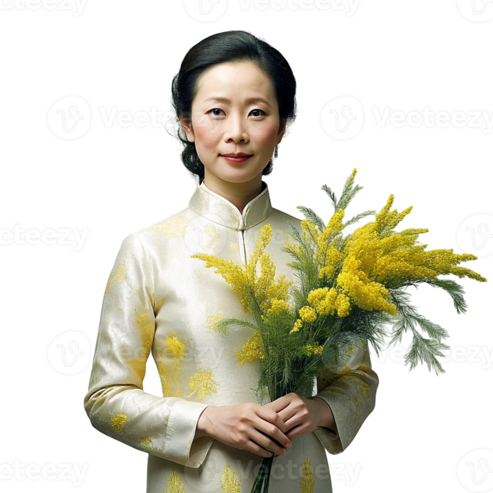 AI generated Chinese woman with mimosa bouquet of flowers png