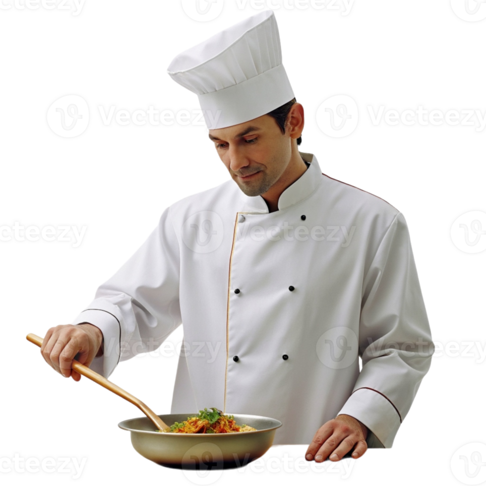 AI generated chef cook in uniform intent on preparing recipes- png