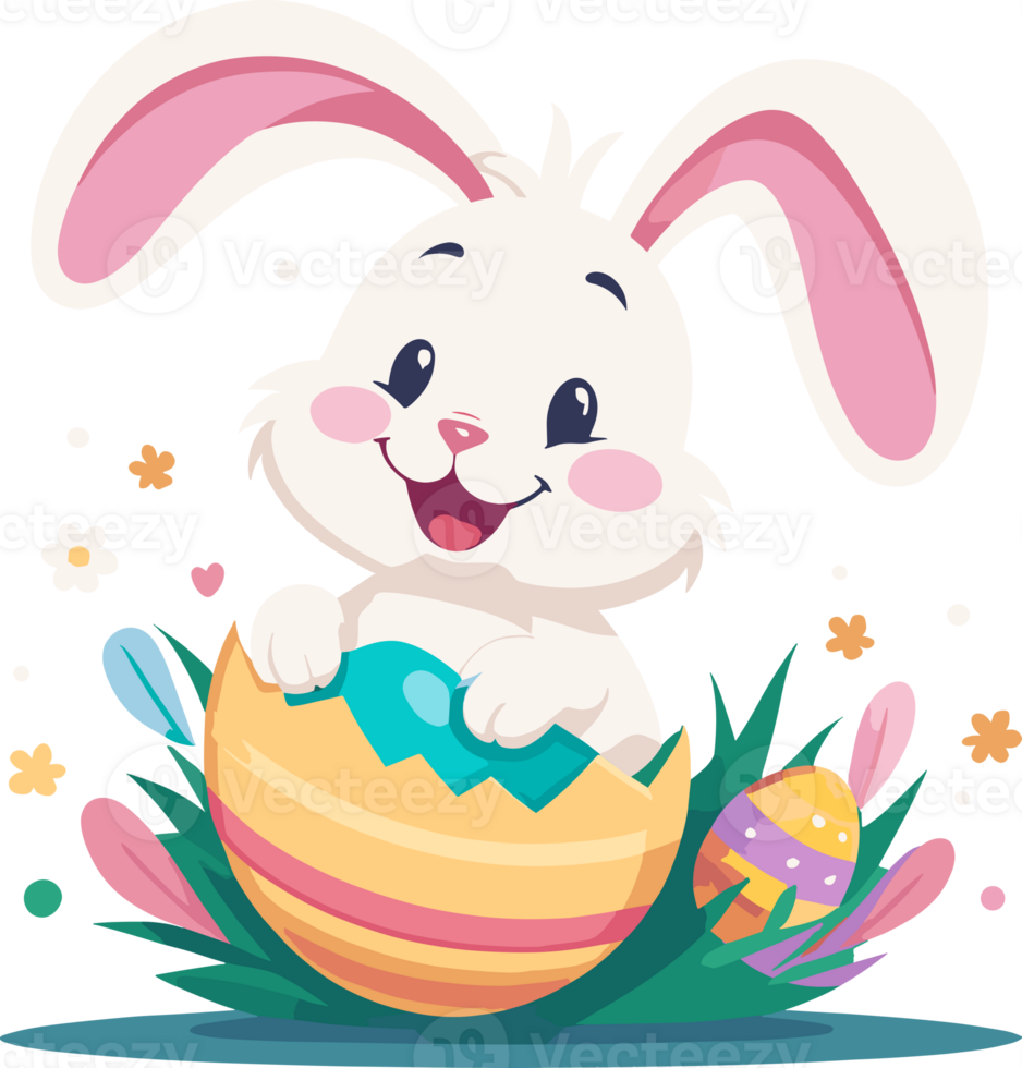 AI generated Cute bunny and easter eggs cartoon  in transparent background png