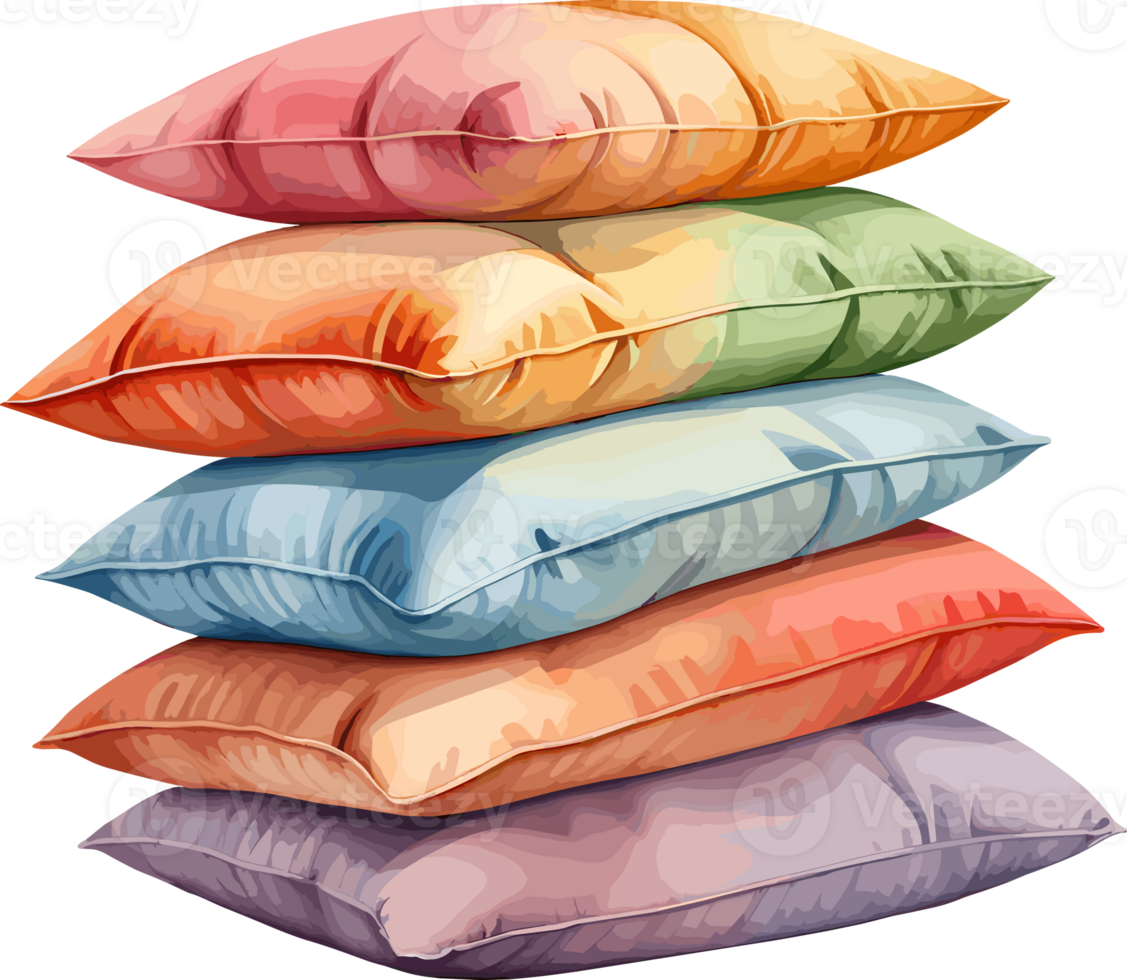 AI generated Vibrant soft pillow stack, soft bedding items, watercolor illustration isolated on transparent background png