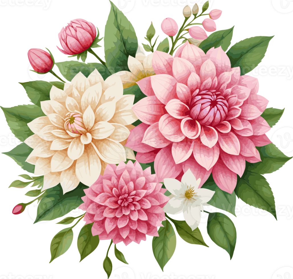 ai gegenereerd waterverf stijl van een bundel van dahlia bloemen illustratie geïsoleerd Aan transparant achtergrond png, speciaal evenement, ontwerp bruiloft kaart png