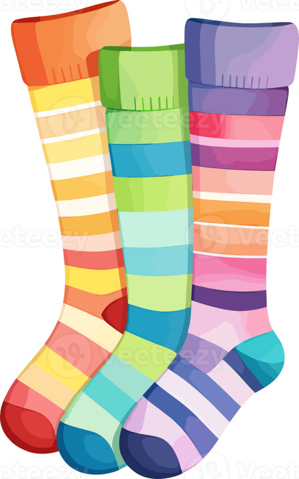 AI generated Cute colorful striped socks, watercolor illustration isolated on transparent background png