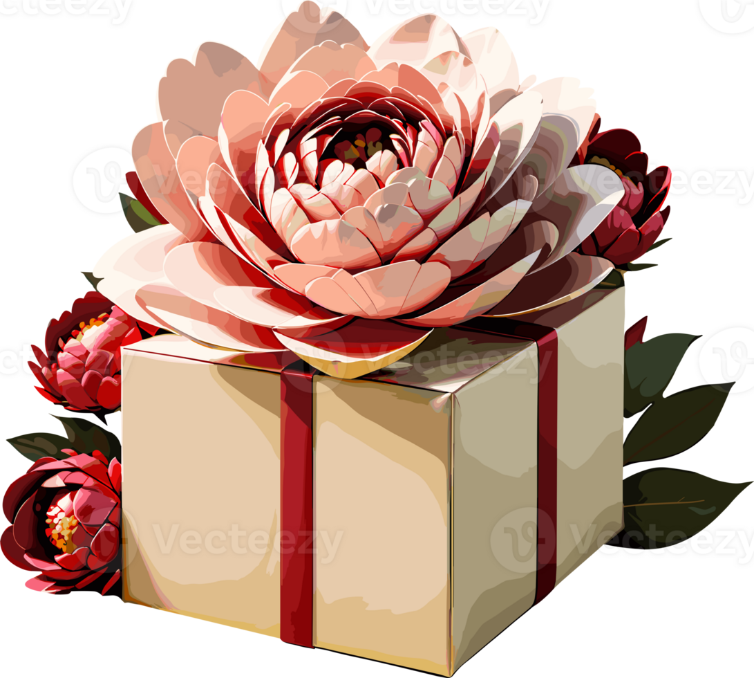 AI generated A cute gift box with Peony flowers illustration isolated in transparent background png